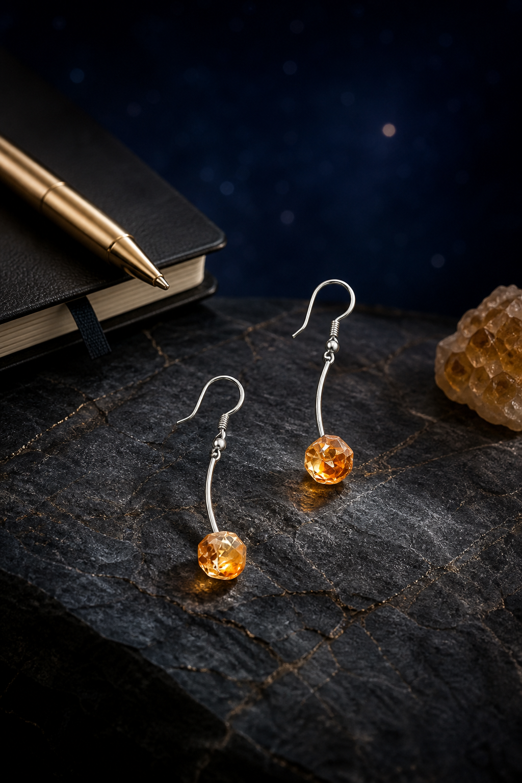 Golden Arc Citrine Earrings (5.5 cm) styled for daily wear, manifestation, work desk ritual use