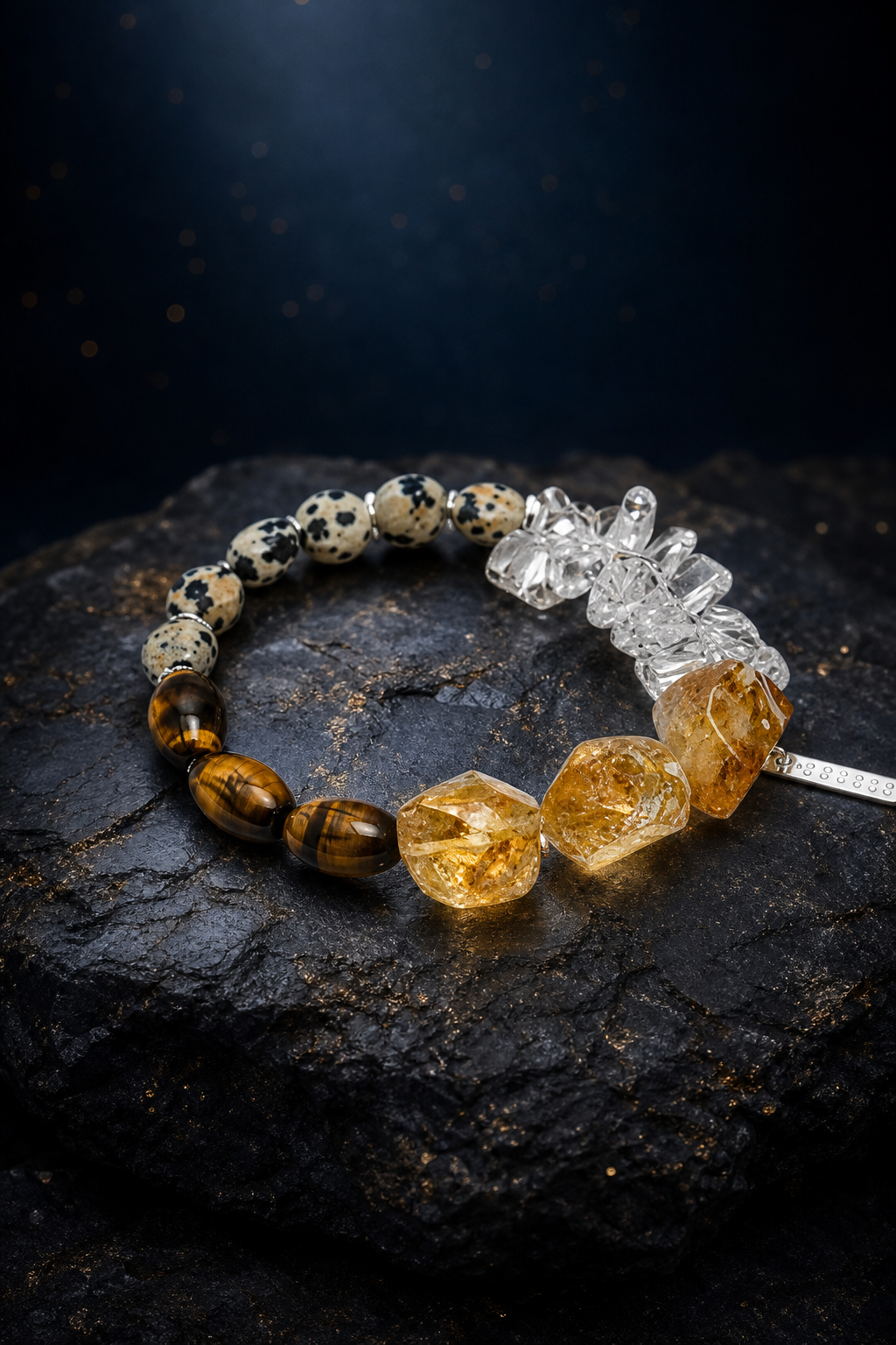 Golden Fortress Tiger's Eye Citrine Bracelet front view on a dark atmospheric backdrop
