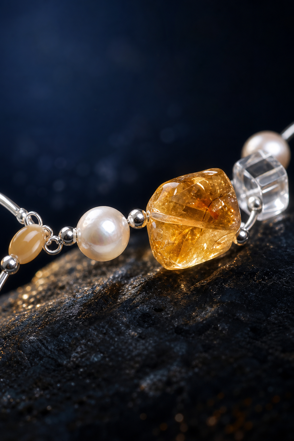 Golden Link Citrine Pearl Bracelet crystal texture close-up