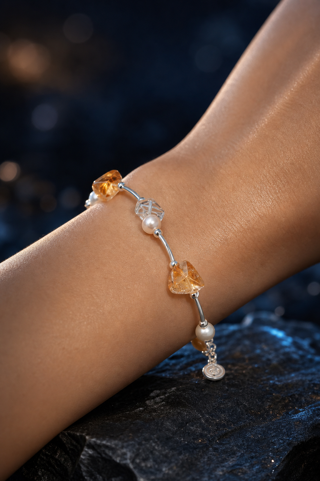 Golden Link Citrine Pearl Bracelet faceless model close-up