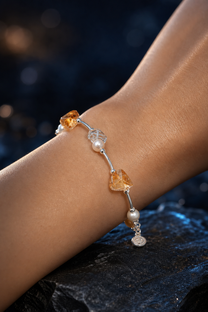Golden Link Citrine Pearl Bracelet faceless model close-up