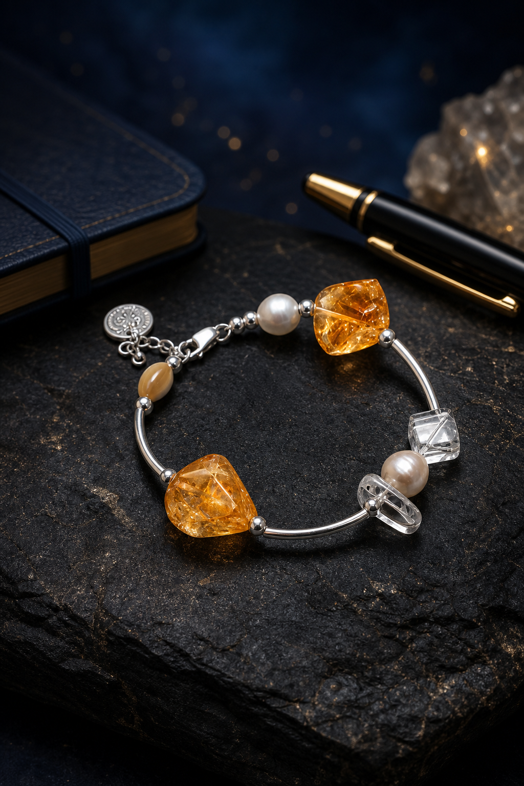 Golden Link Citrine Pearl Bracelet styled for daily wear, manifestation, work desk ritual use