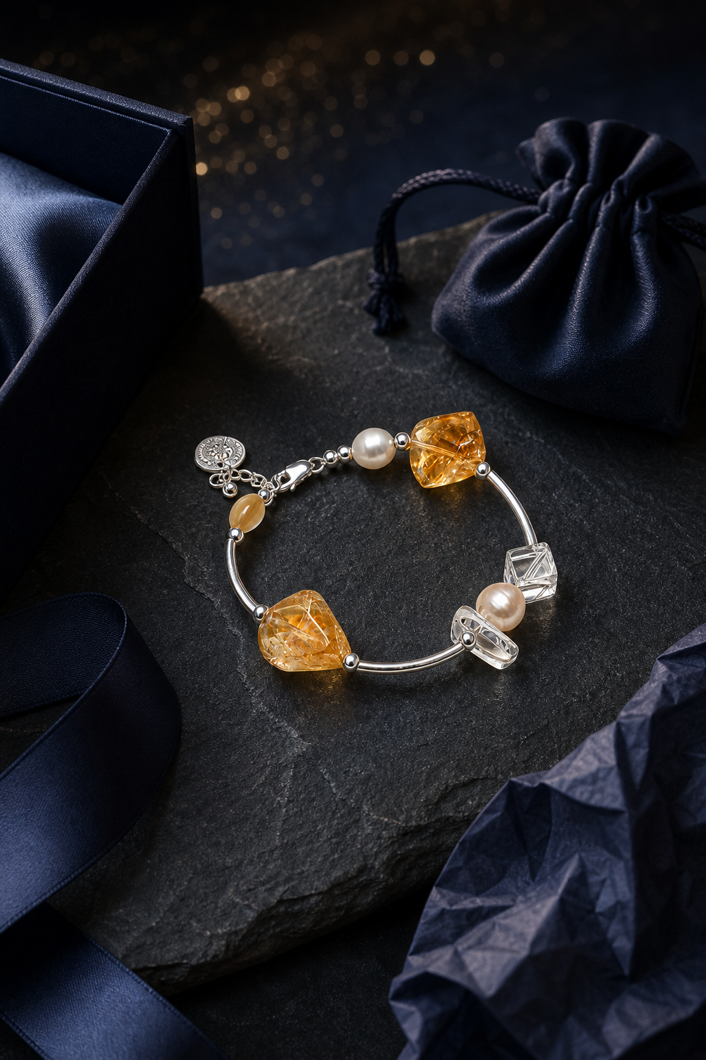 Golden Link Citrine Pearl Bracelet packaging flat lay