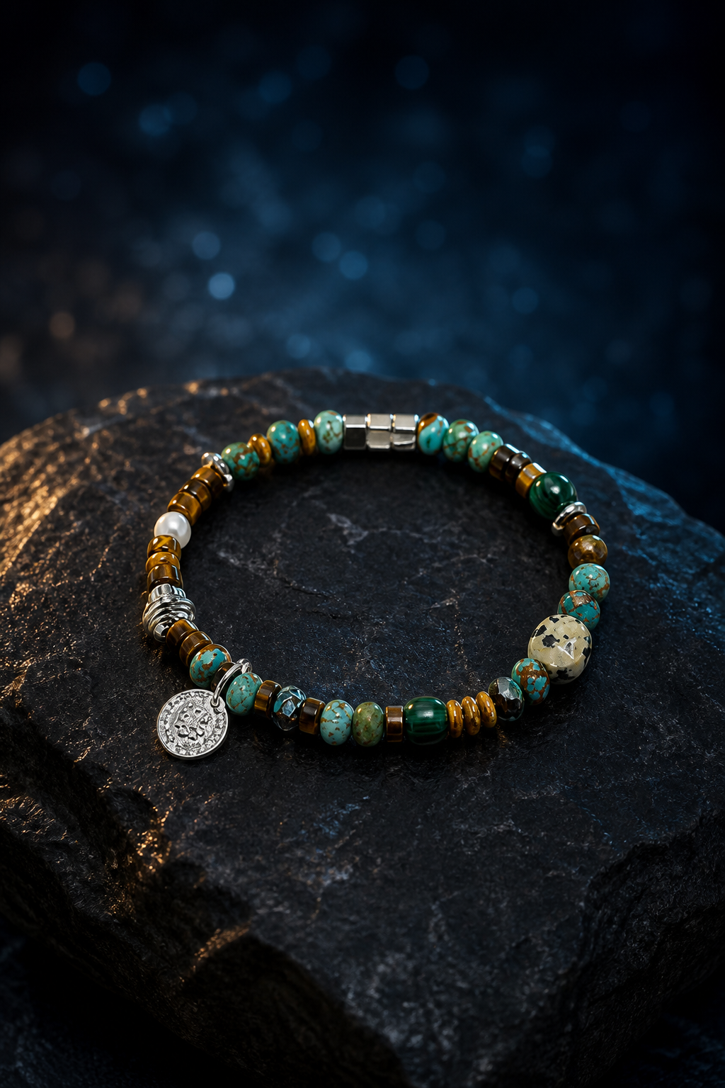 Golden Pine Mixed Gem Bracelet front view on a dark atmospheric backdrop