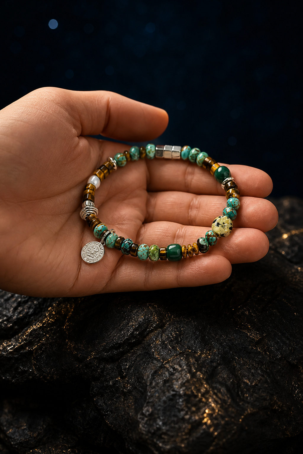 Golden Pine Mixed Gem Bracelet shown in hand for scale