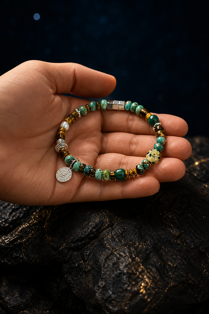 Golden Pine Mixed Gem Bracelet shown in hand for scale