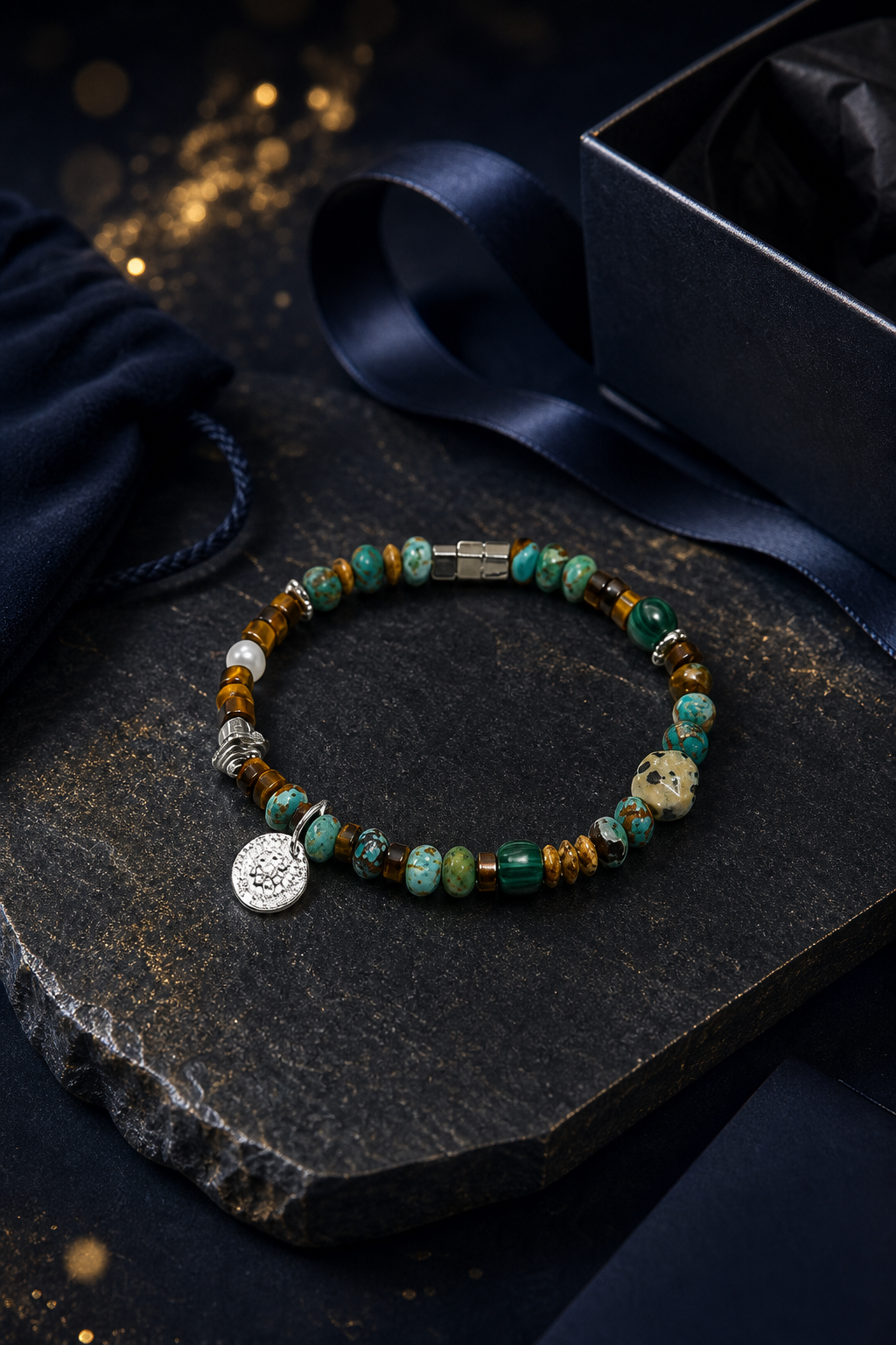 Golden Pine Mixed Gem Bracelet packaging flat lay