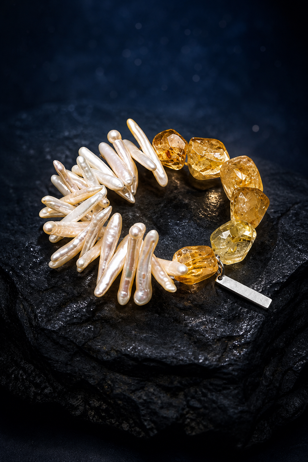 Golden Reed Citrine Pearl Bracelet front view on a dark atmospheric backdrop