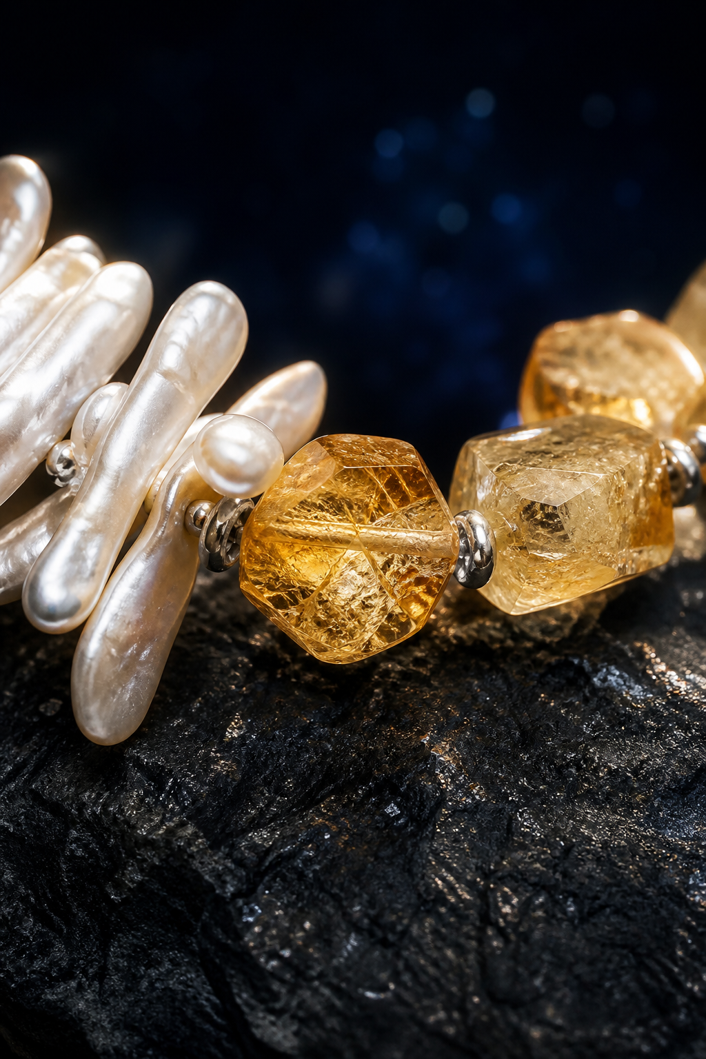 Golden Reed Citrine Pearl Bracelet crystal texture close-up