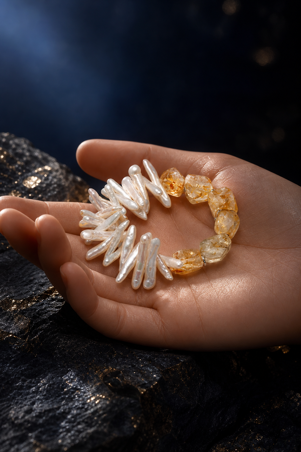 Golden Reed Citrine Pearl Bracelet shown in hand for scale