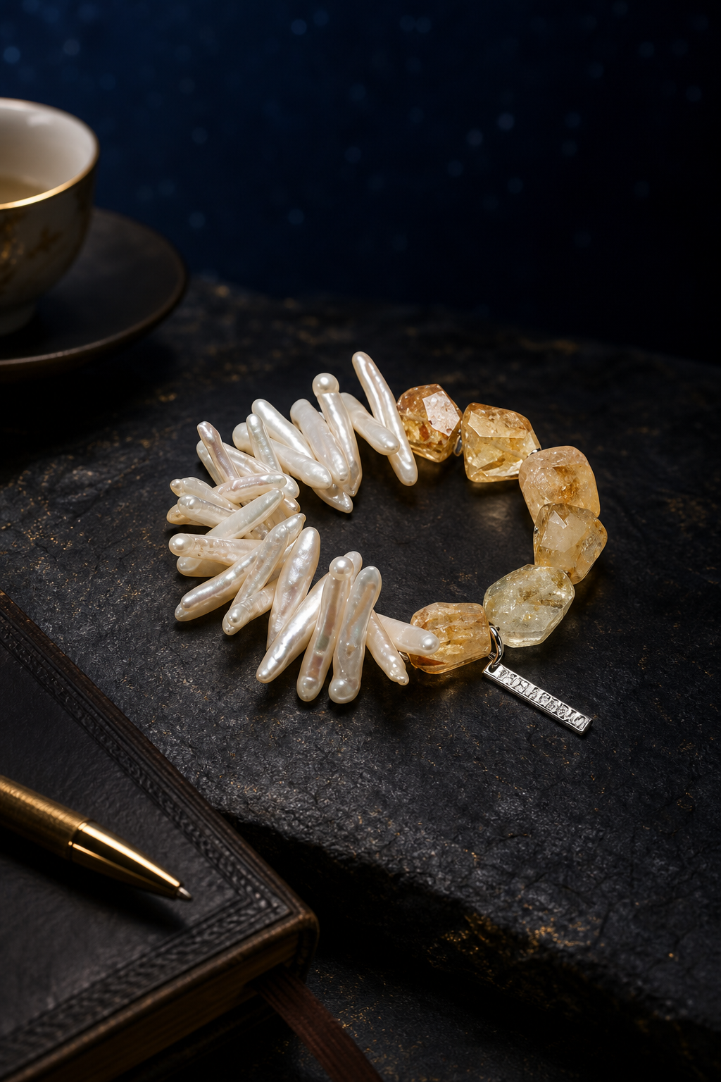 Golden Reed Citrine Pearl Bracelet styled for daily wear, manifestation, work desk ritual use