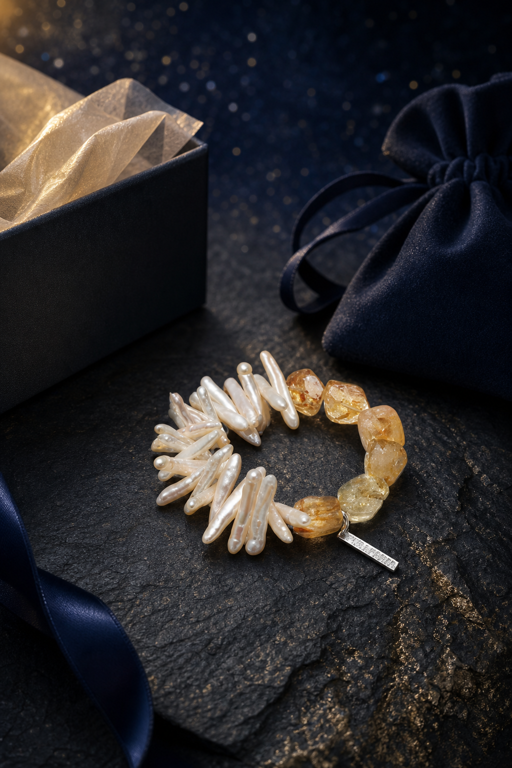 Golden Reed Citrine Pearl Bracelet packaging flat lay