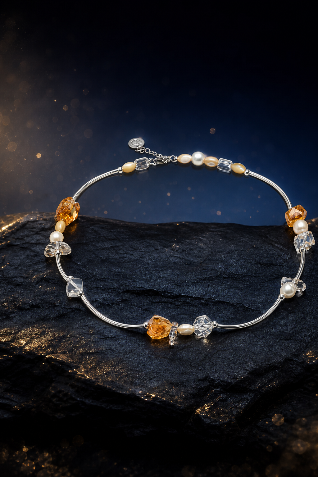 Golden Rivulet Citrine Pearl Necklace front view on a dark atmospheric backdrop