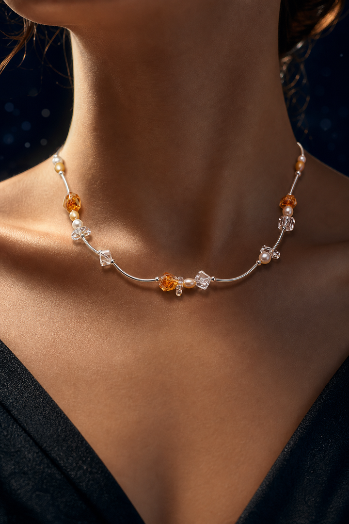 Golden Rivulet Citrine Pearl Necklace faceless model close-up