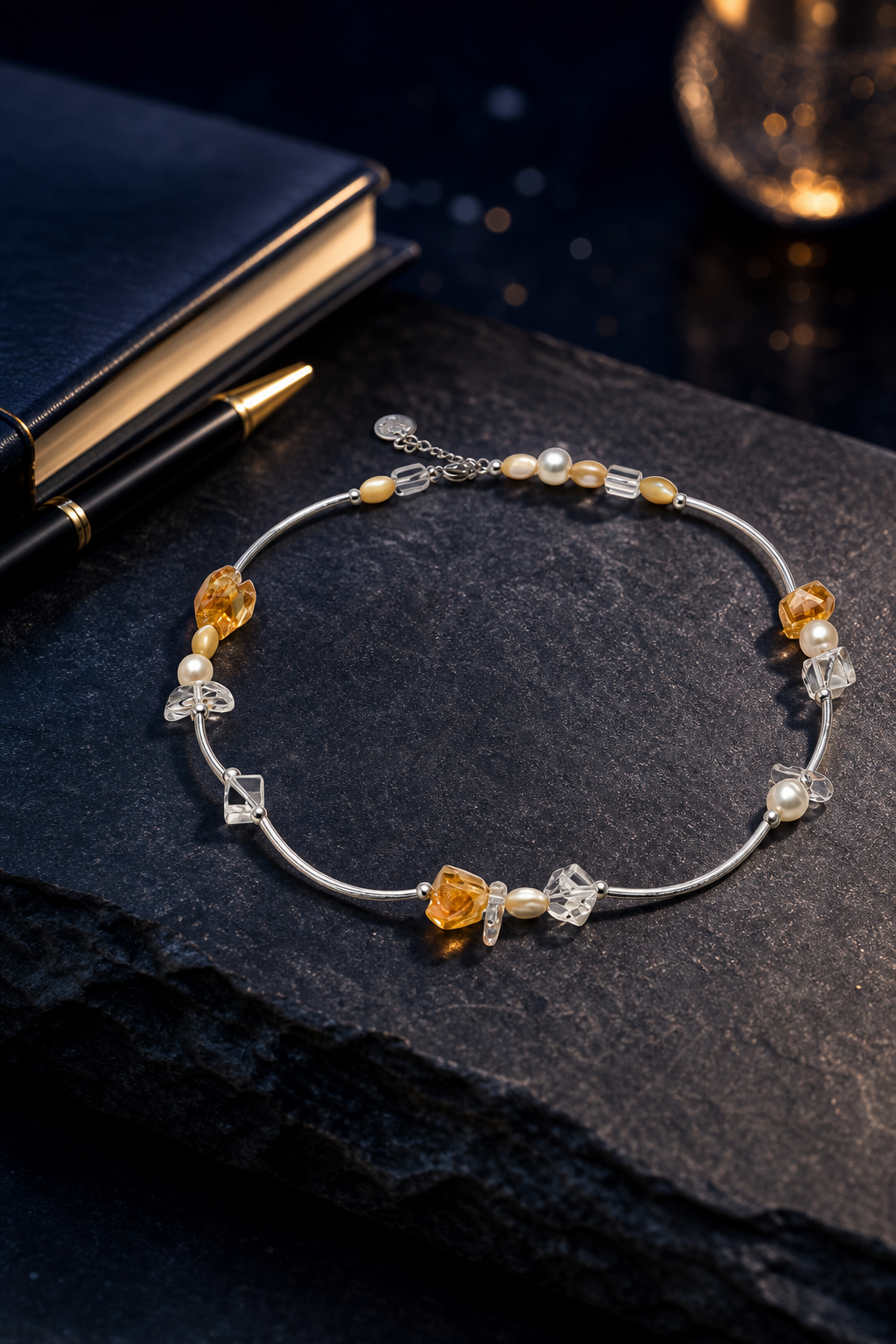 Golden Rivulet Citrine Pearl Necklace styled for daily wear, manifestation, work desk ritual use