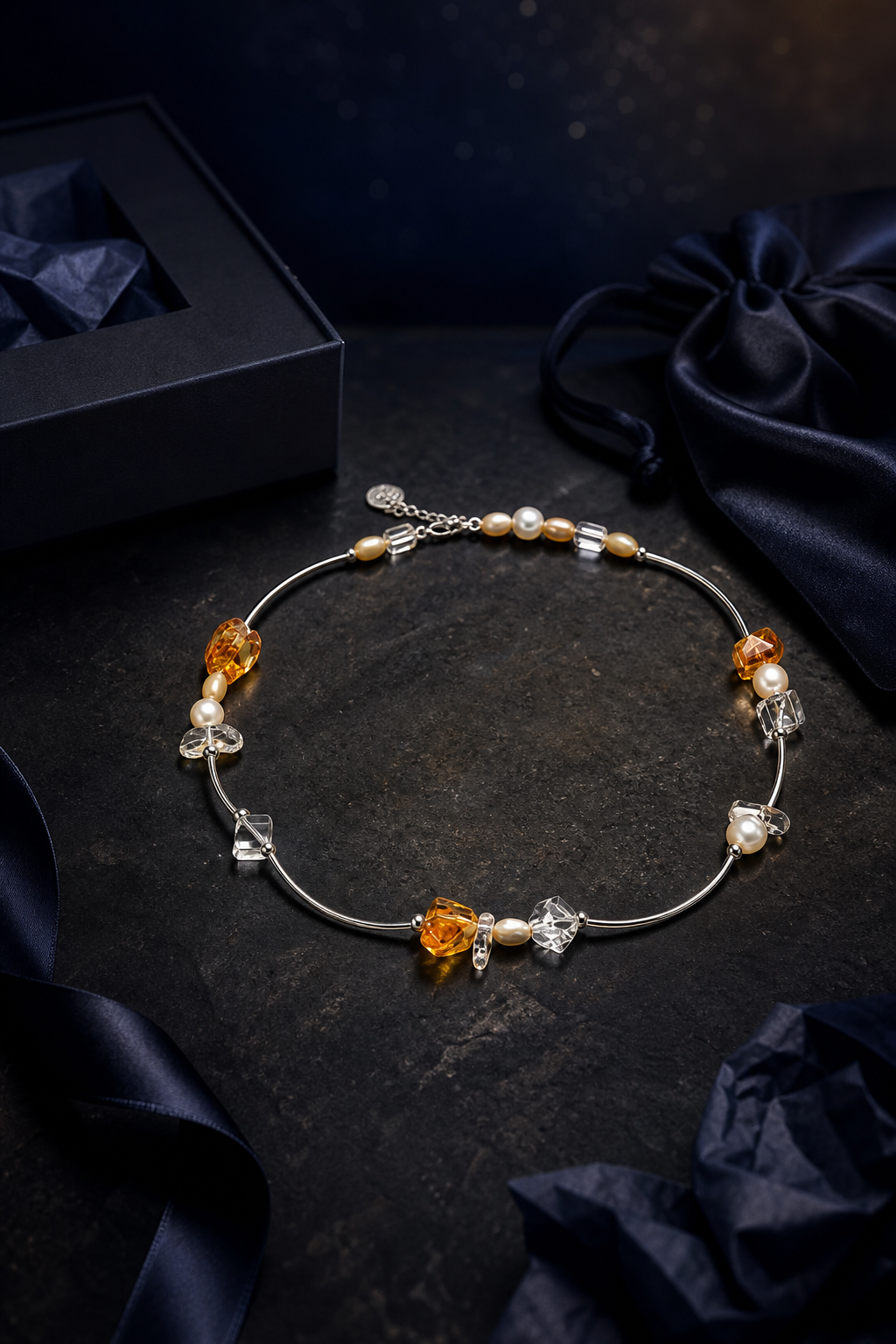Golden Rivulet Citrine Pearl Necklace packaging flat lay