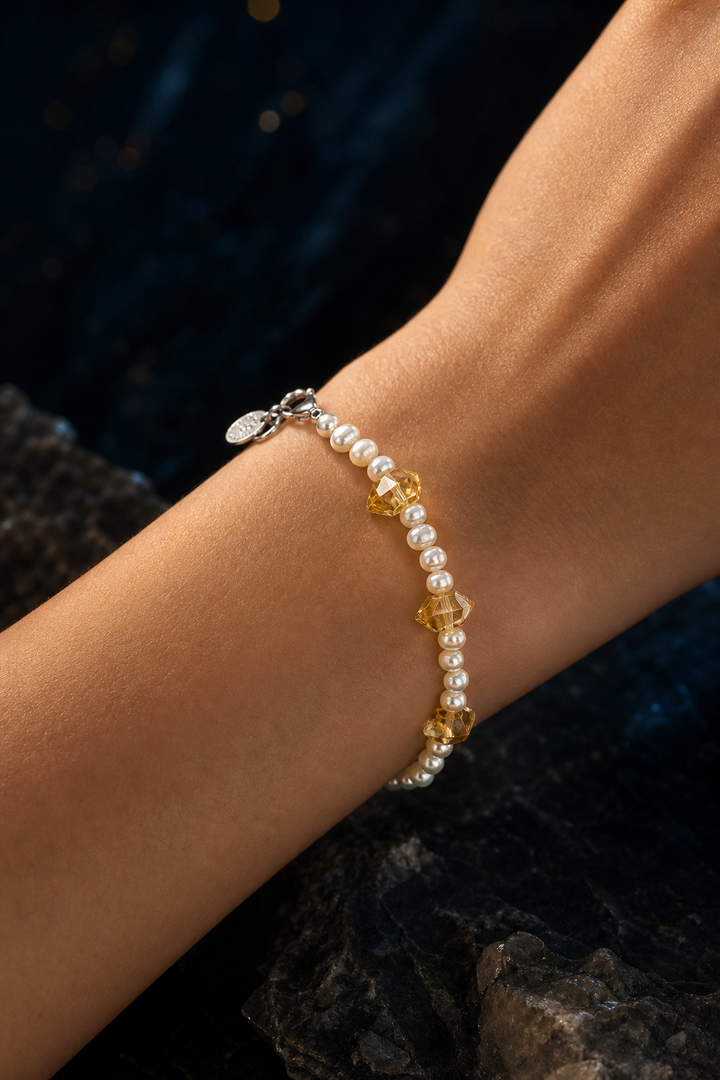 Golden Tide Citrine Pearl Bracelet faceless model close-up