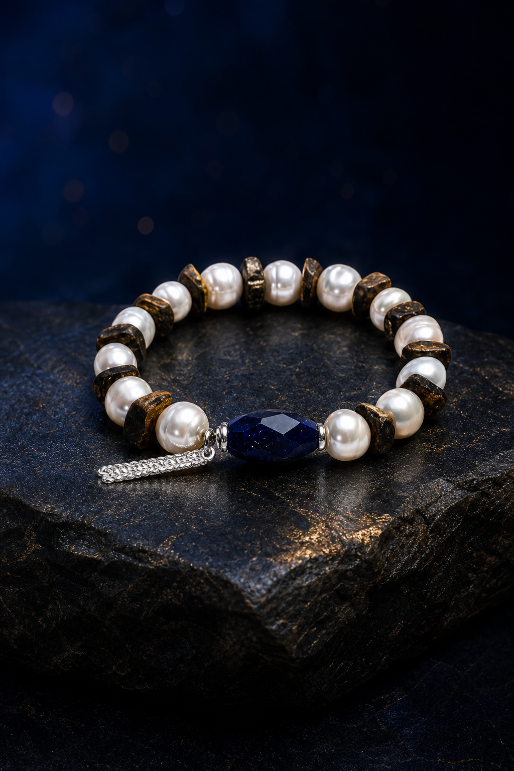 Hidden Blue Lapis Pearl Bracelet front view on a dark atmospheric backdrop