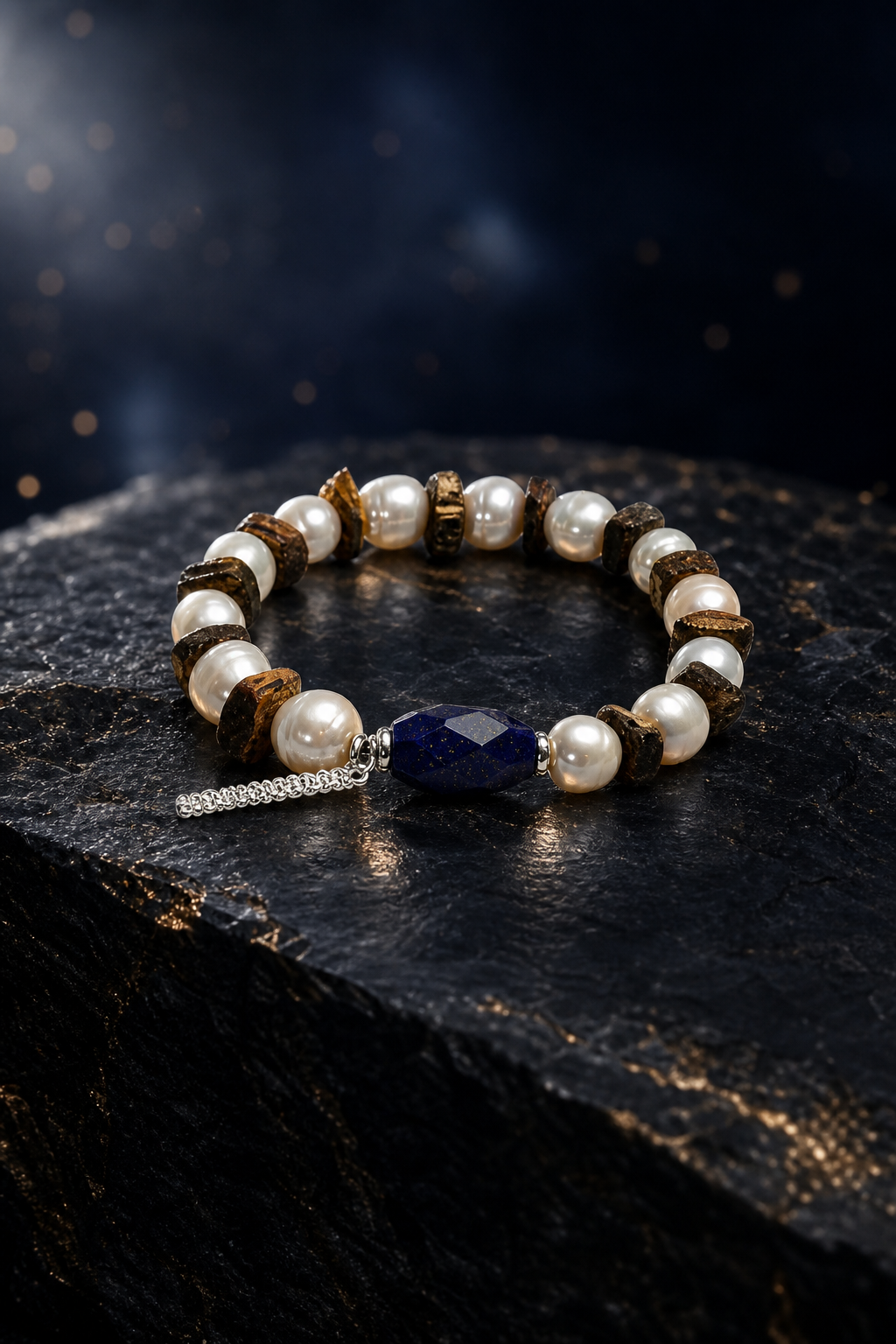 Hidden Blue Lapis Pearl Bracelet angled three-quarter product view