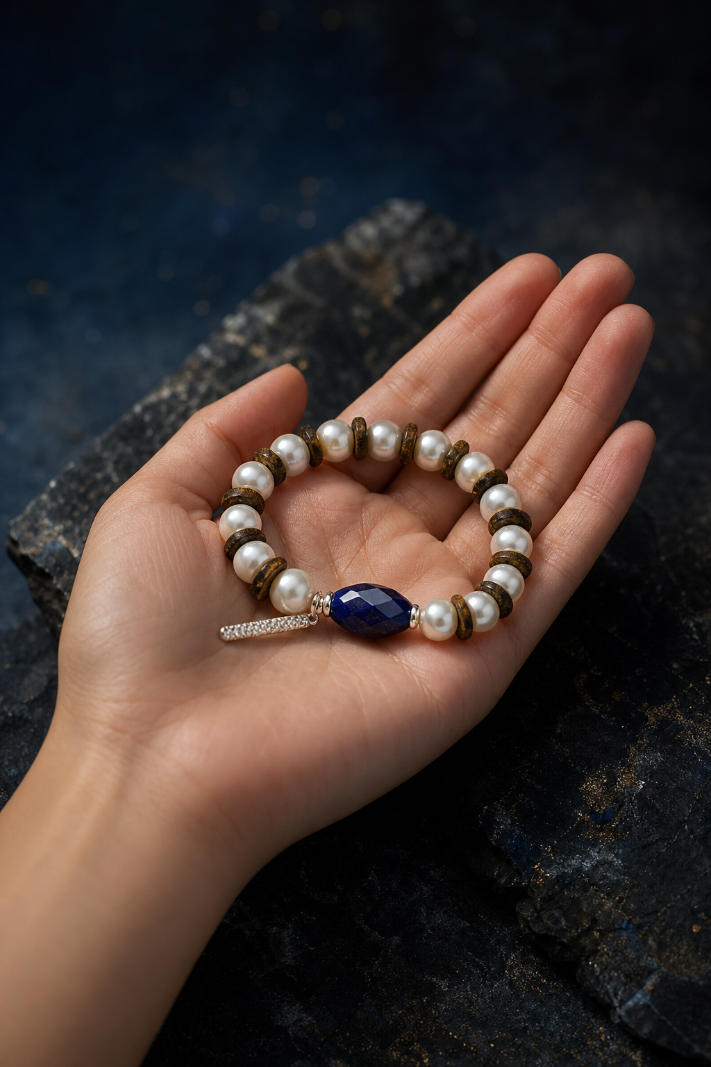 Hidden Blue Lapis Pearl Bracelet shown in hand for scale