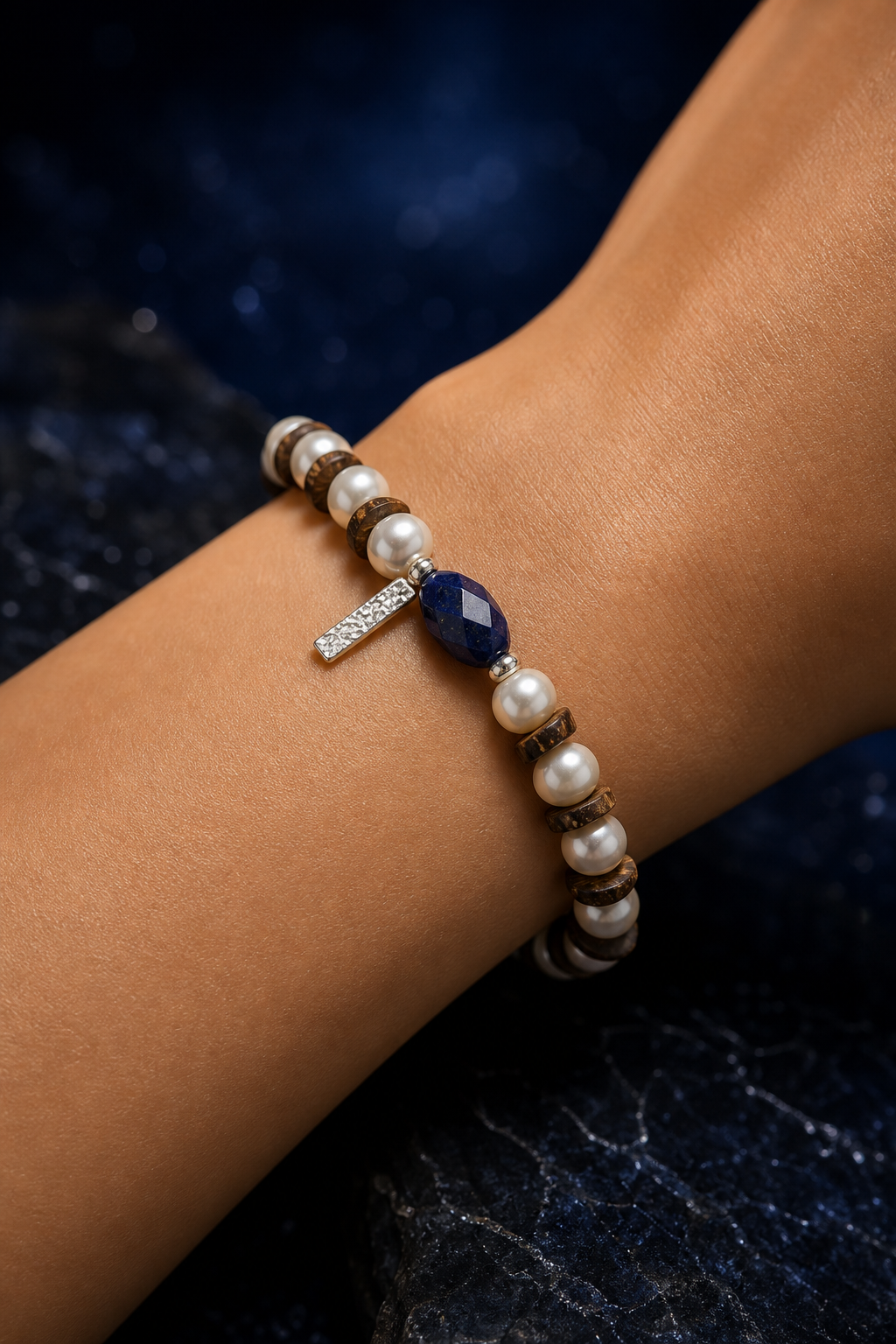 Hidden Blue Lapis Pearl Bracelet faceless model close-up