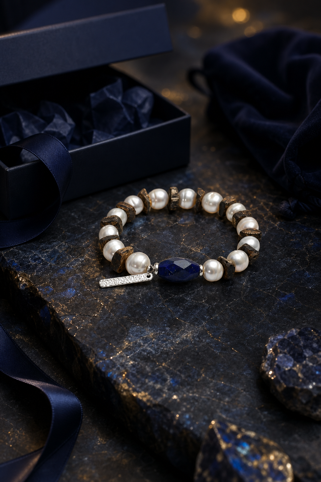Hidden Blue Lapis Pearl Bracelet packaging flat lay