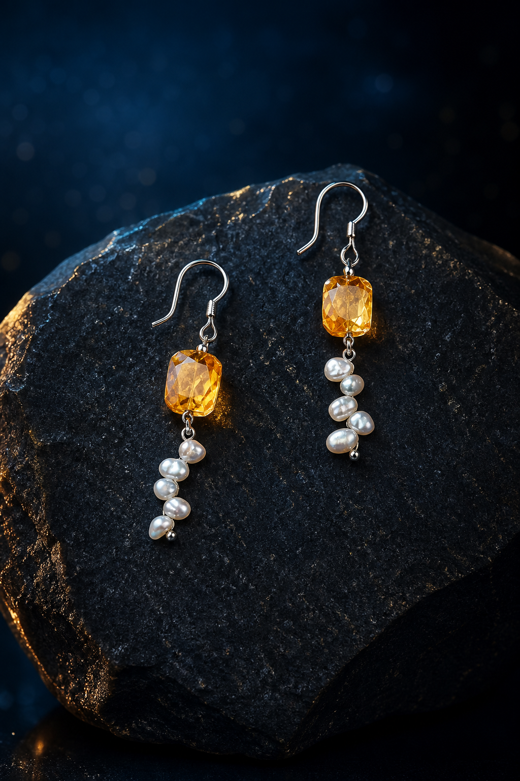 Honey Cascade Citrine Pearl Earrings (6.0 cm) front view on a dark atmospheric backdrop