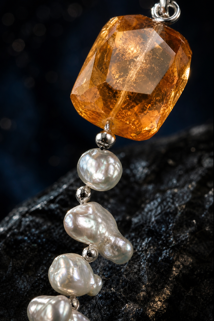Honey Cascade Citrine Pearl Earrings (6.0 cm) crystal texture close-up