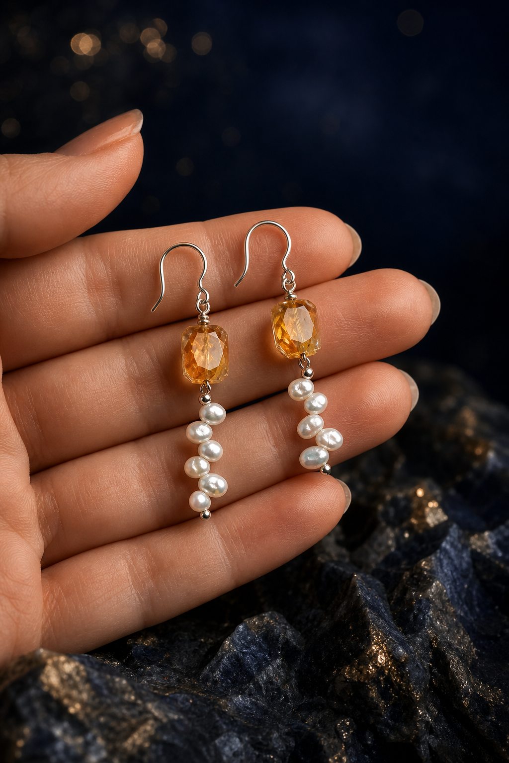Honey Cascade Citrine Pearl Earrings (6.0 cm) shown in hand for scale