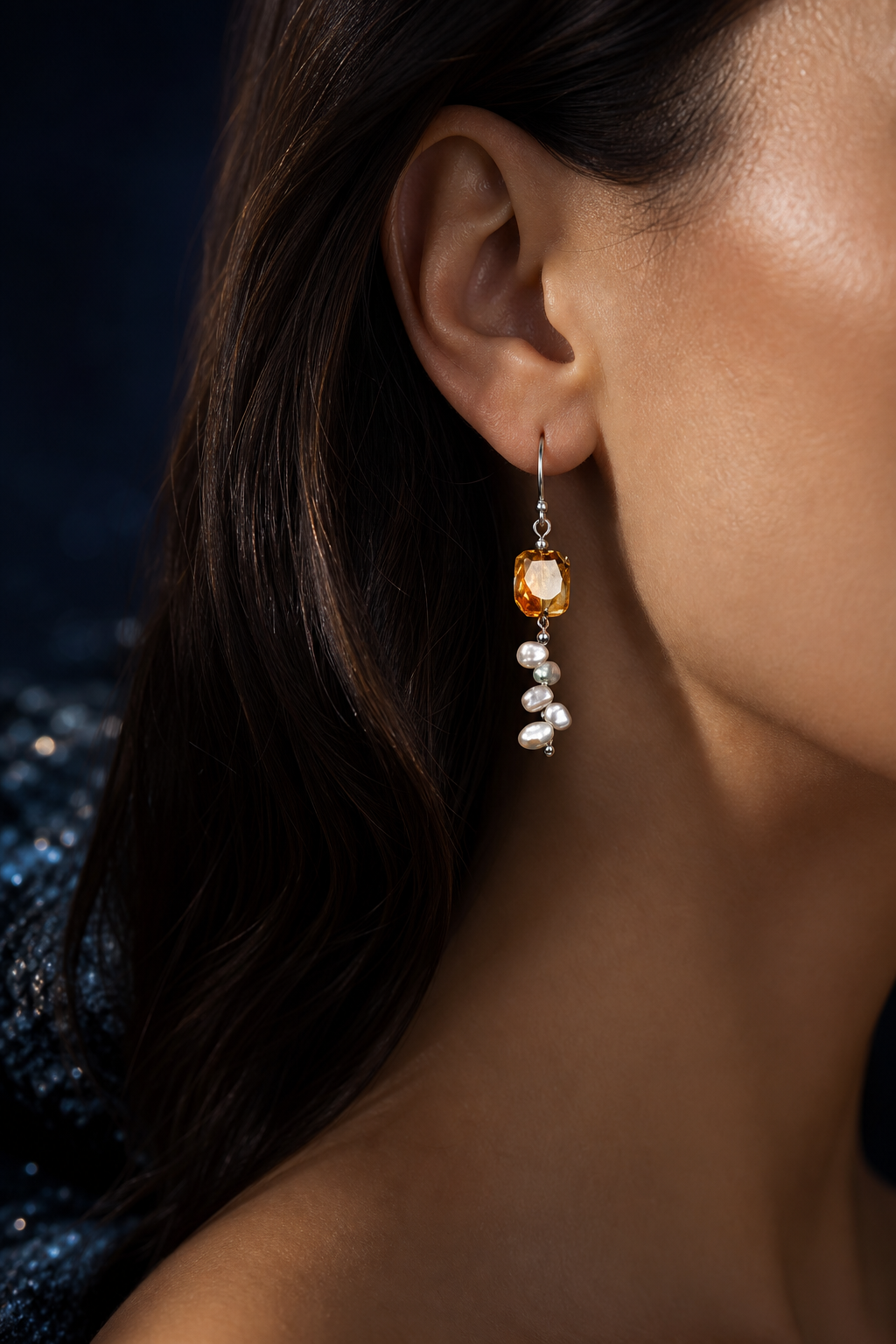 Honey Cascade Citrine Pearl Earrings (6.0 cm) faceless model close-up