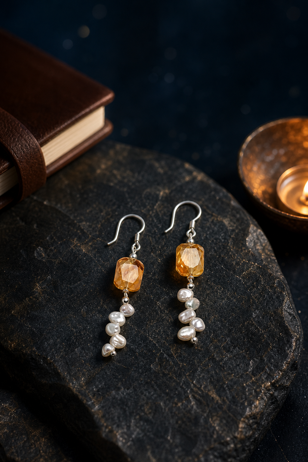 Honey Cascade Citrine Pearl Earrings (6.0 cm) styled for daily wear, manifestation, work desk ritual use