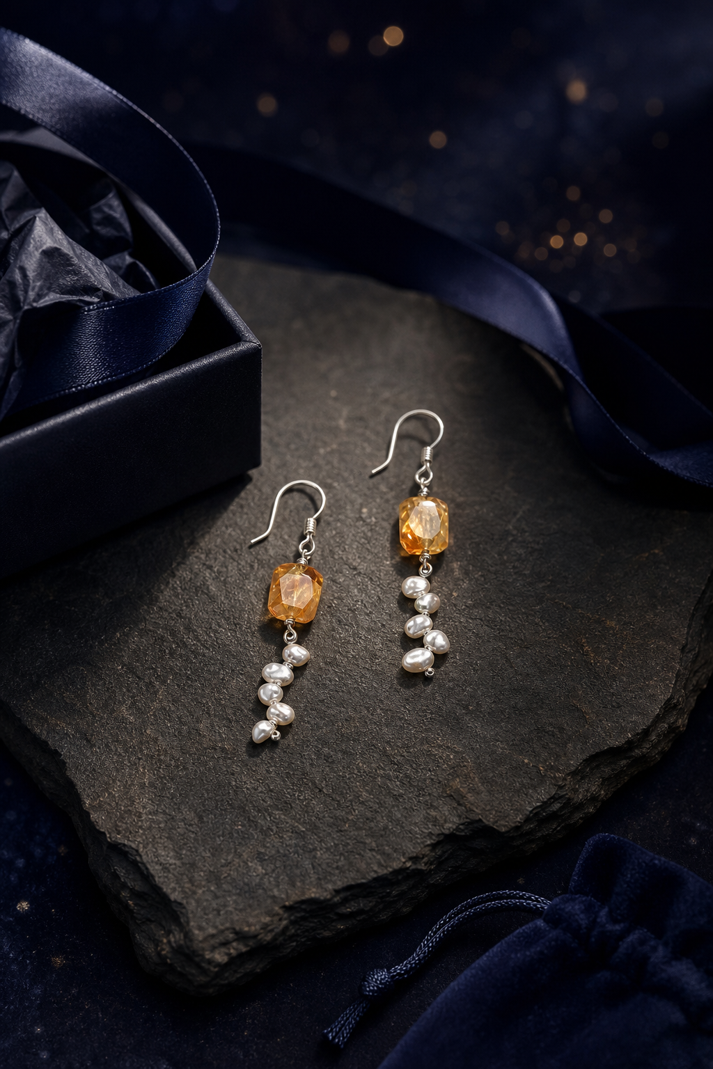 Honey Cascade Citrine Pearl Earrings (6.0 cm) packaging flat lay