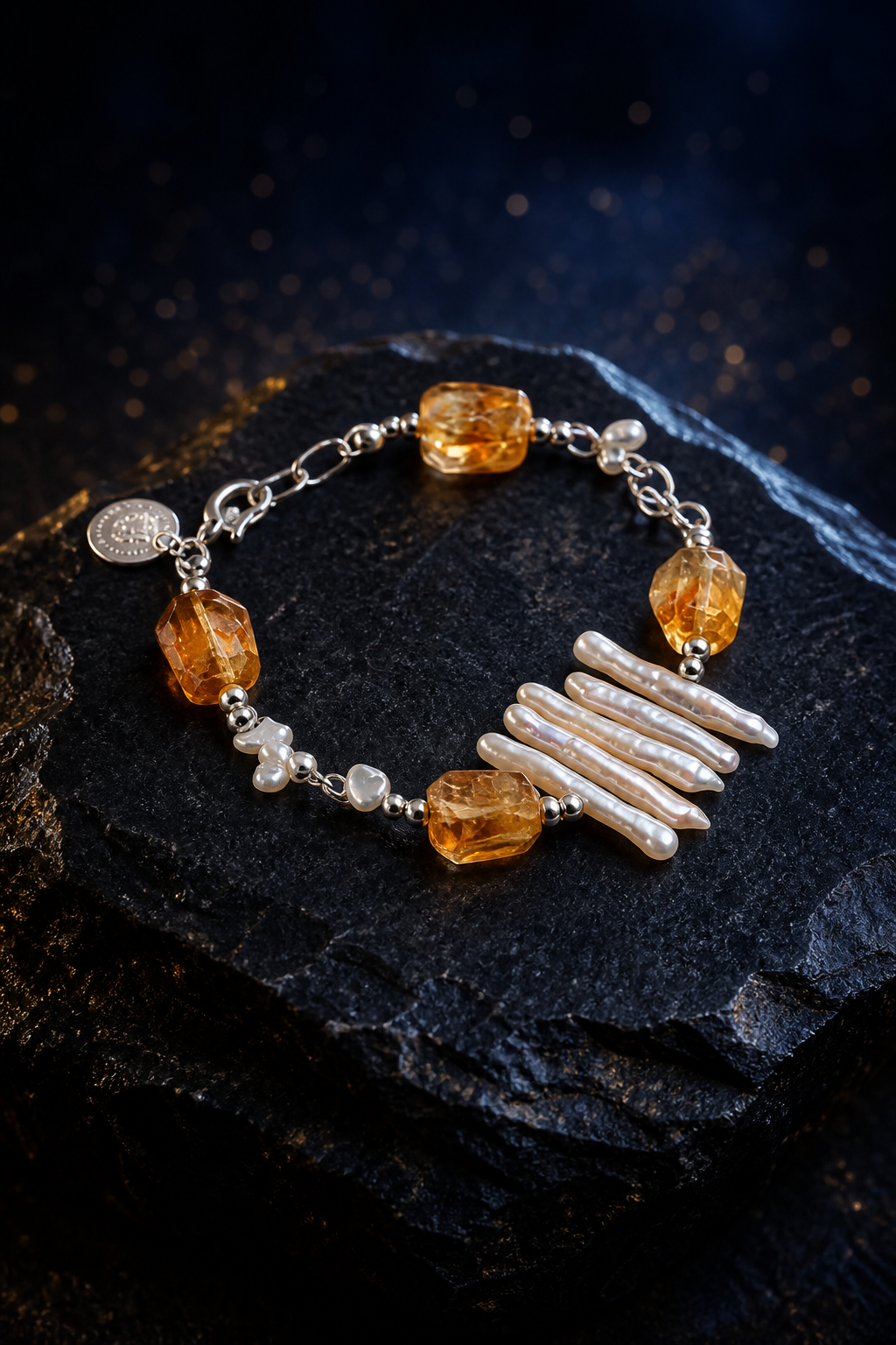 Honey Fringe Citrine Pearl Bracelet front view on a dark atmospheric backdrop
