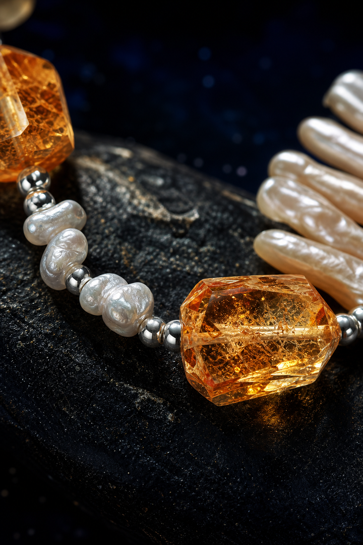 Honey Fringe Citrine Pearl Bracelet crystal texture close-up