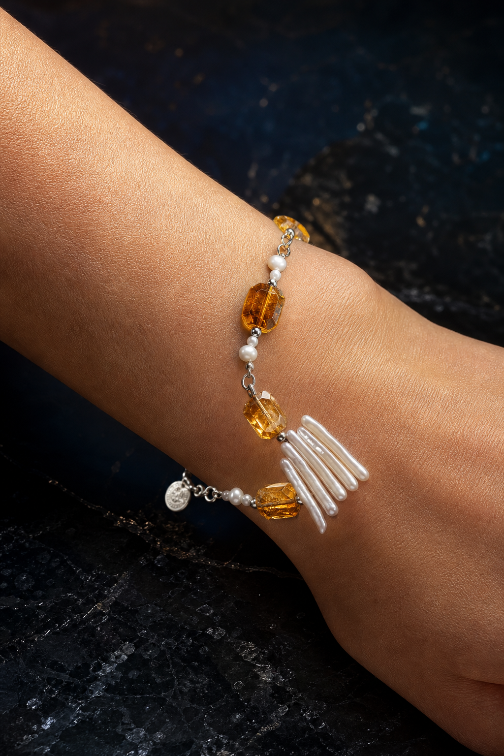 Honey Fringe Citrine Pearl Bracelet faceless model close-up