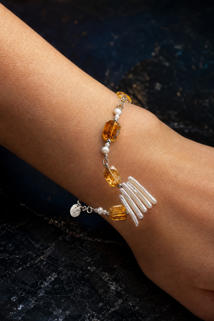 Honey Fringe Citrine Pearl Bracelet faceless model close-up