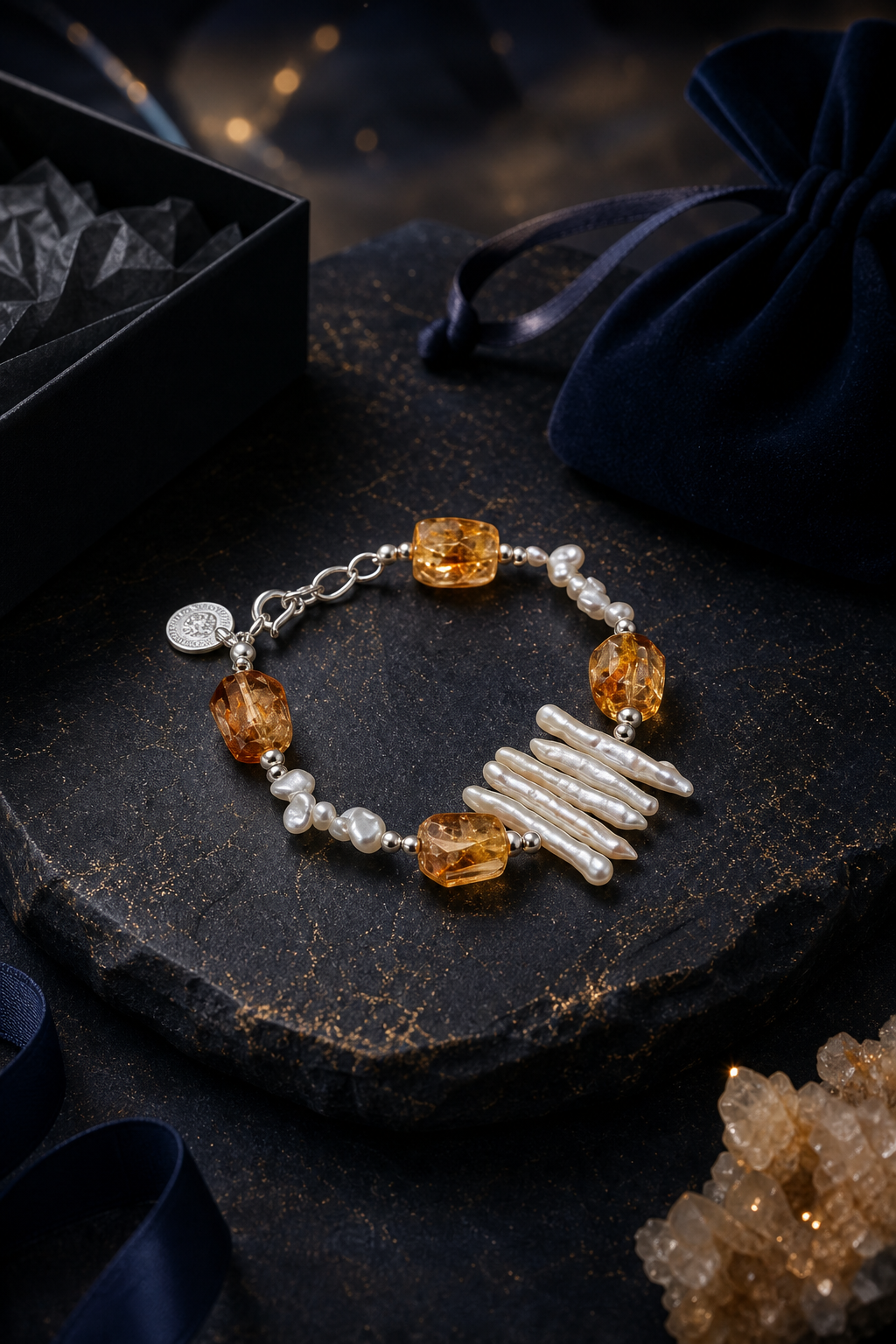 Honey Fringe Citrine Pearl Bracelet packaging flat lay