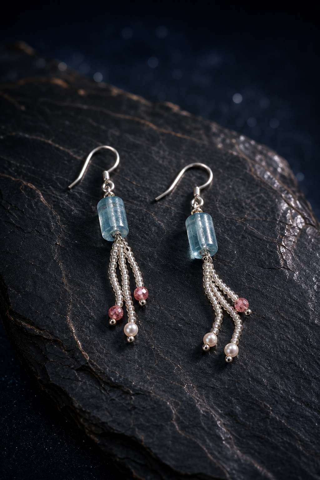 Ice Blue Tourmaline Pearl Earrings (6.1 cm) angled three-quarter product view