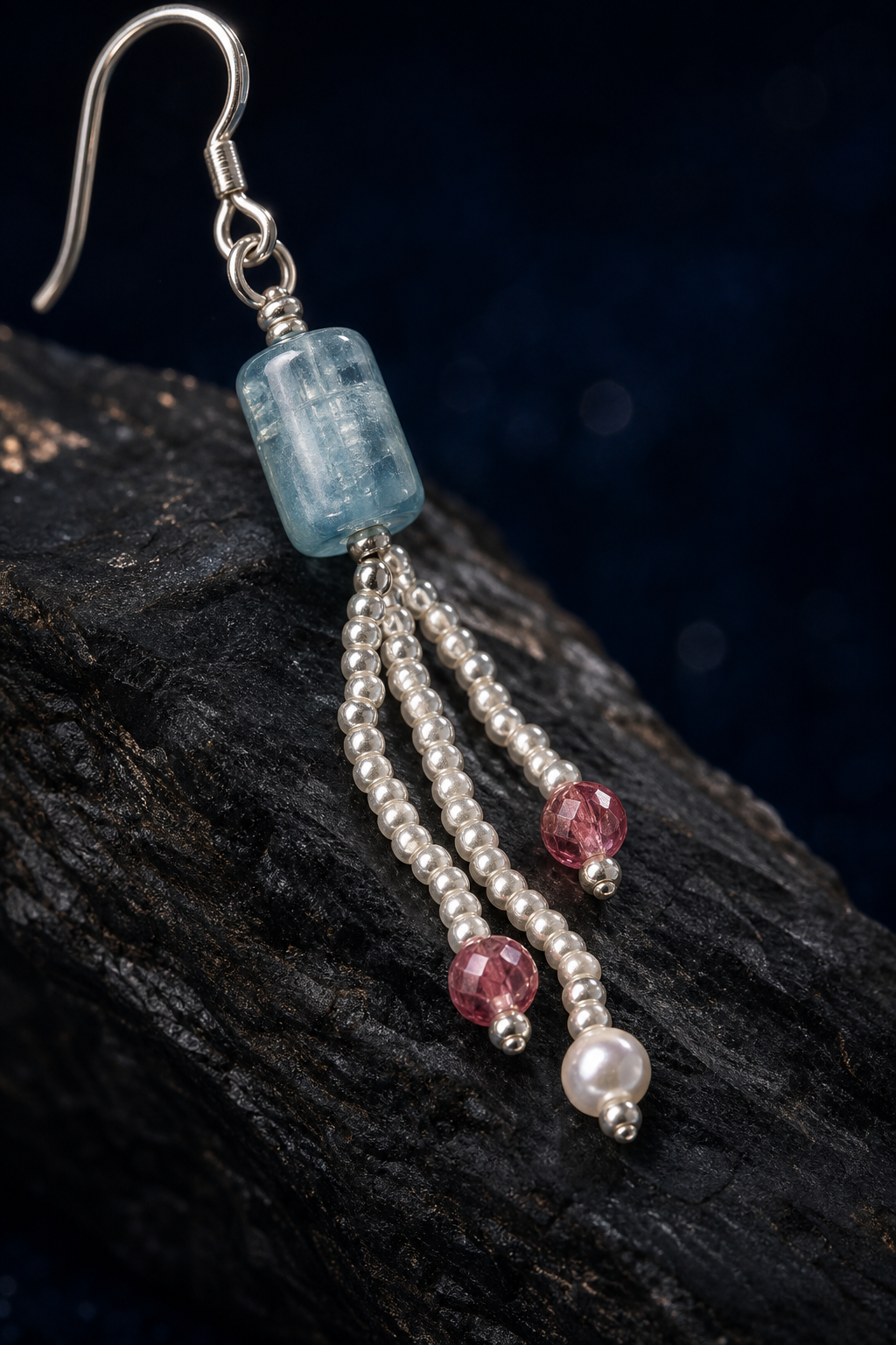 Ice Blue Tourmaline Pearl Earrings (6.1 cm) crystal texture close-up