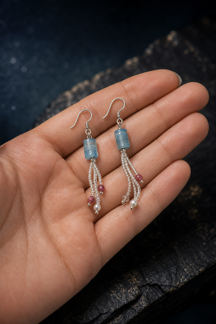 Ice Blue Tourmaline Pearl Earrings (6.1 cm) shown in hand for scale