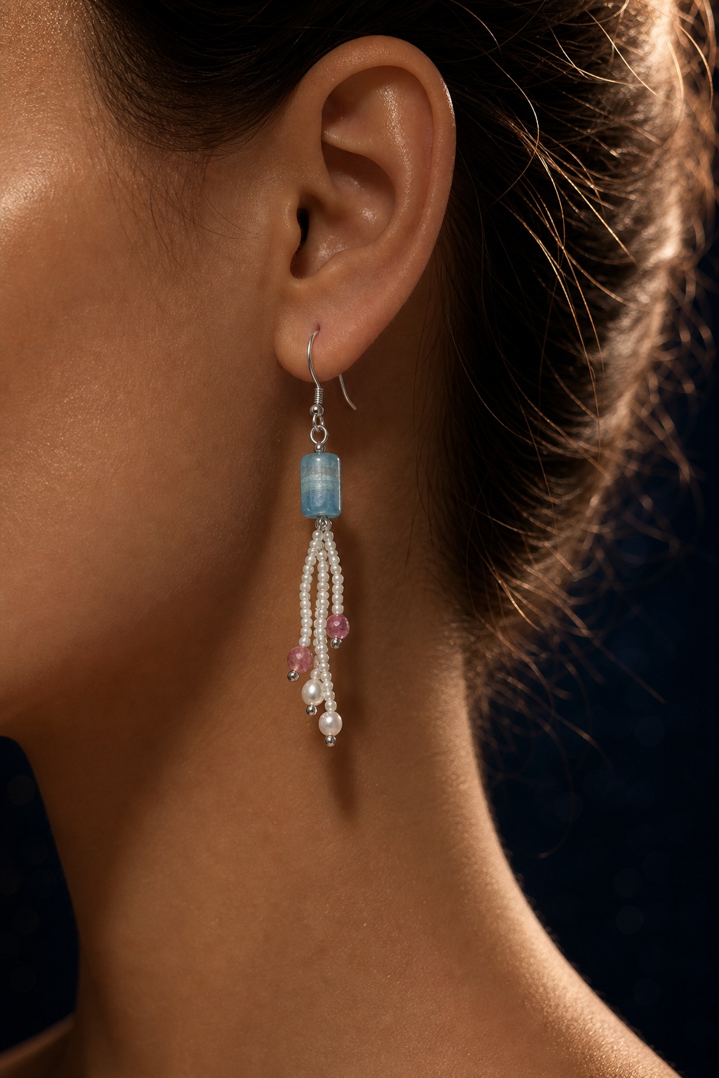 Ice Blue Tourmaline Pearl Earrings (6.1 cm) faceless model close-up