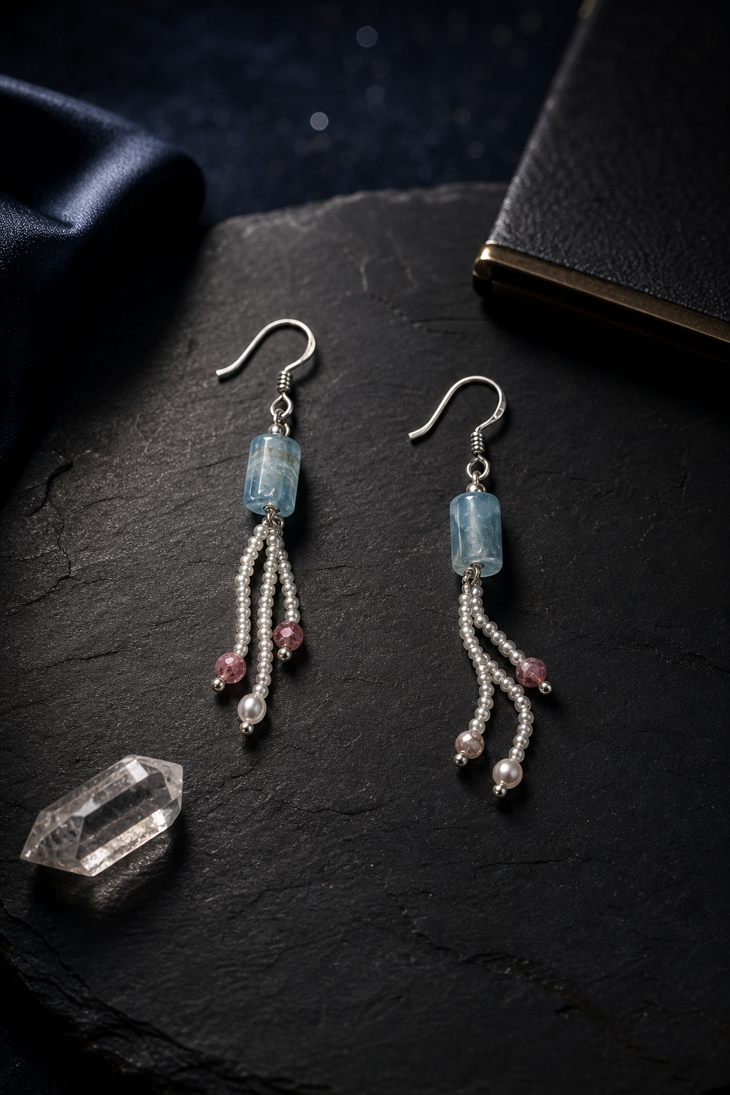 Ice Blue Tourmaline Pearl Earrings (6.1 cm) styled for daily wear, work desk, travel ritual use
