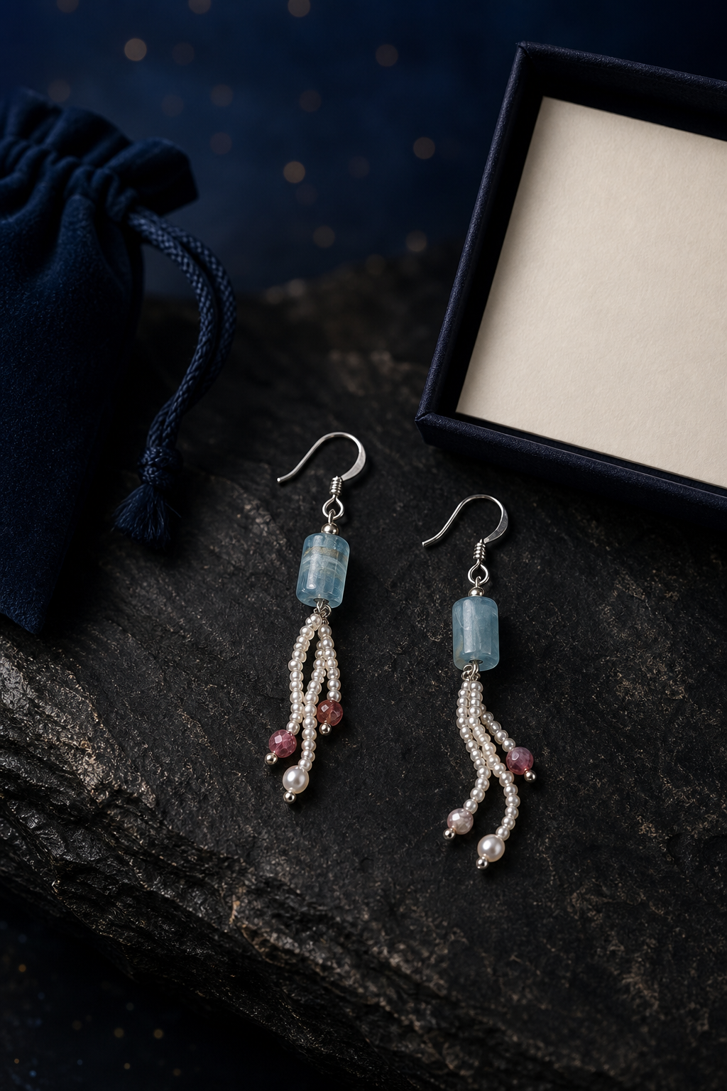 Ice Blue Tourmaline Pearl Earrings (6.1 cm) packaging flat lay