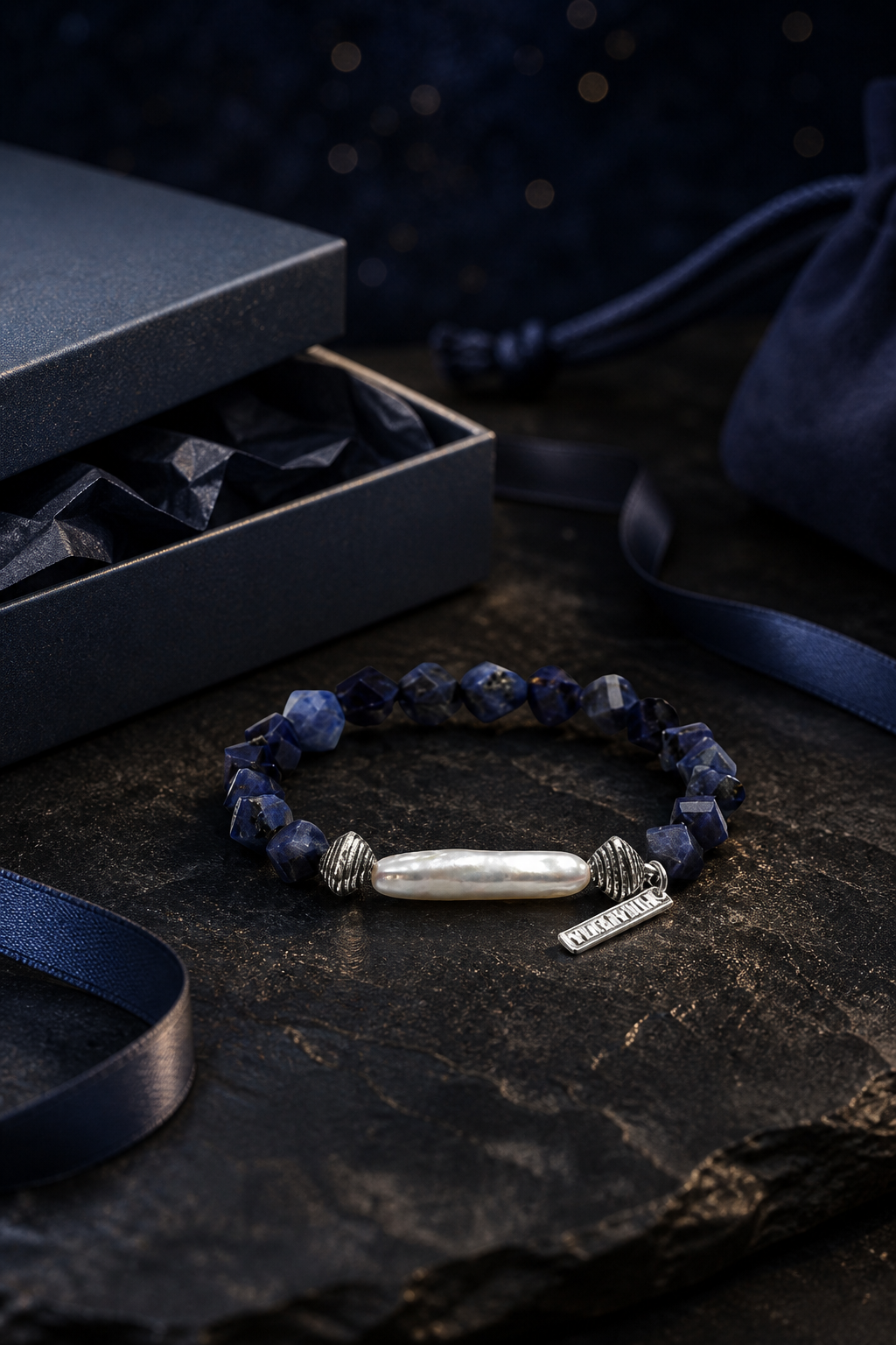 Ice Current Blue Pearl Bracelet packaging flat lay
