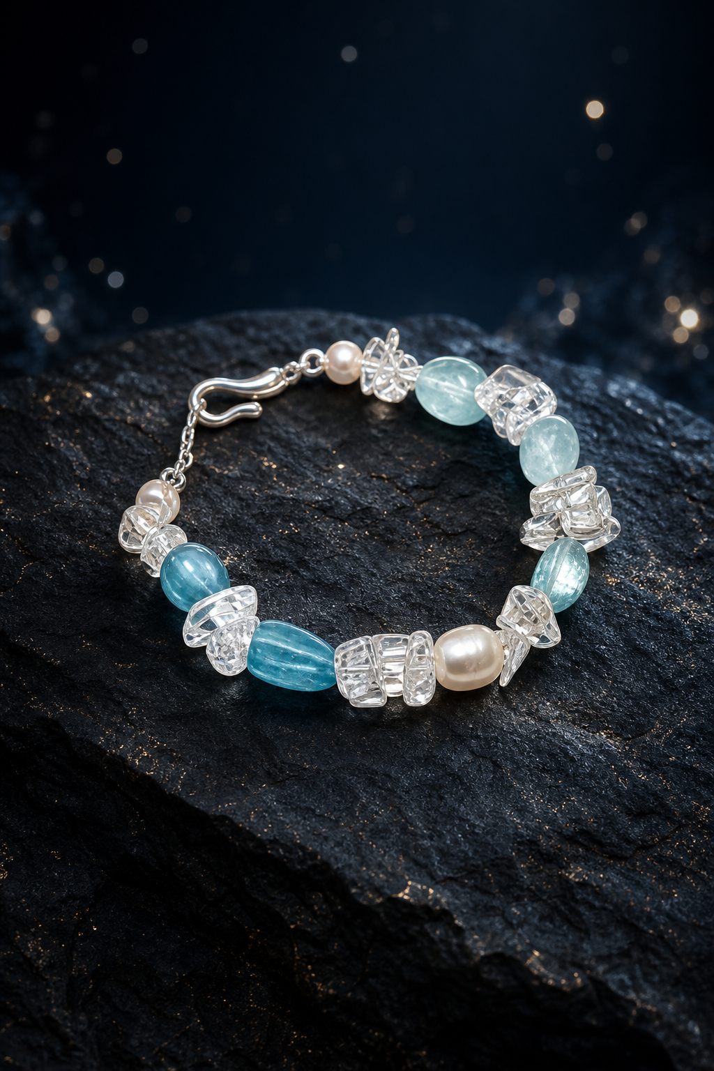 Ice Thread Blue Quartz Bracelet front view on a dark atmospheric backdrop