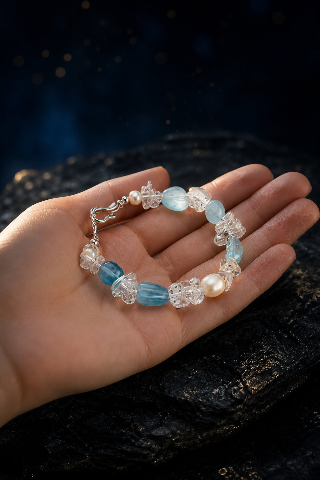 Ice Thread Blue Quartz Bracelet shown in hand for scale