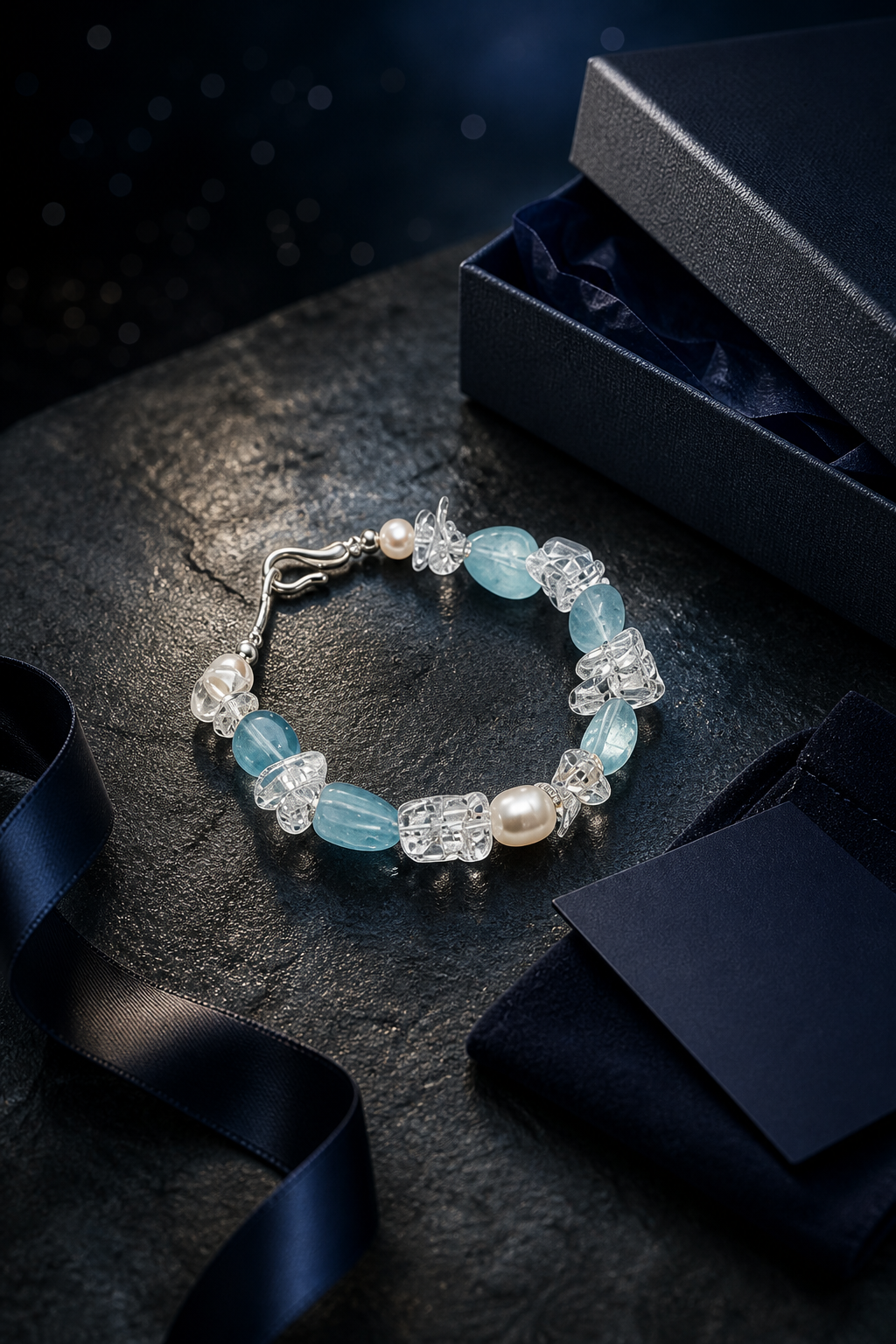 Ice Thread Blue Quartz Bracelet packaging flat lay