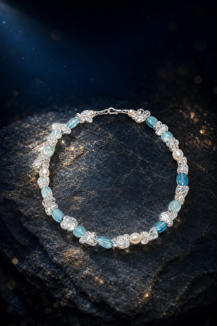 Ice Thread Blue Quartz Necklace front view on a dark atmospheric backdrop