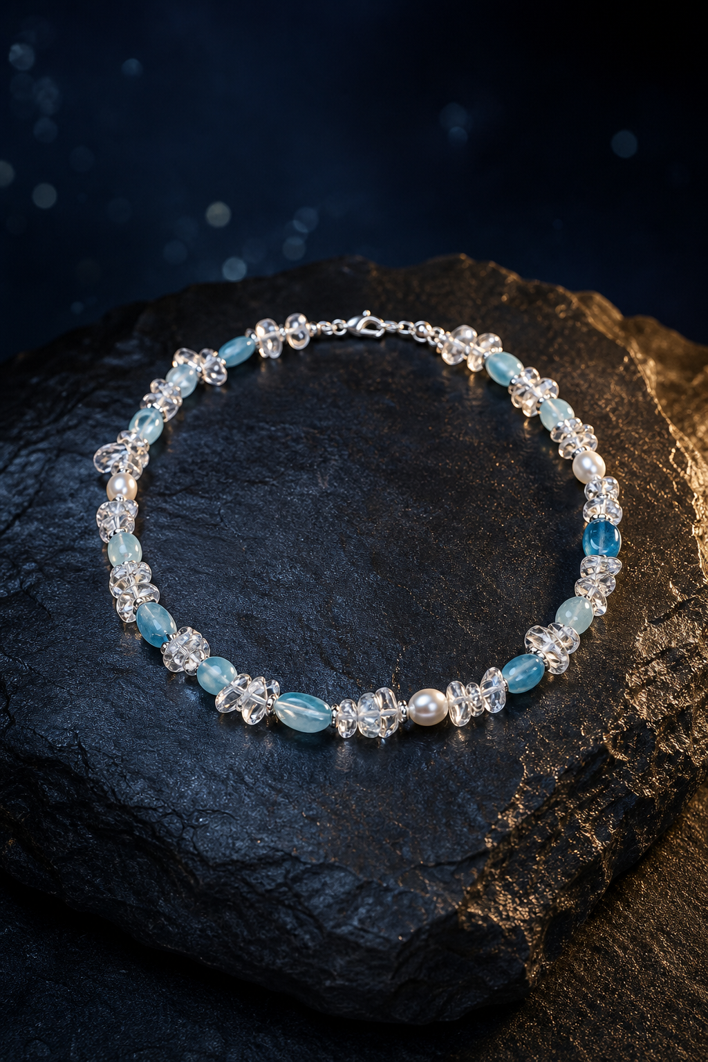 Ice Thread Blue Quartz Necklace angled three-quarter product view