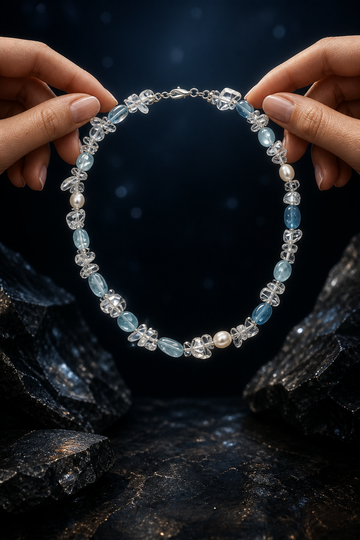 Ice Thread Blue Quartz Necklace shown in hand for scale